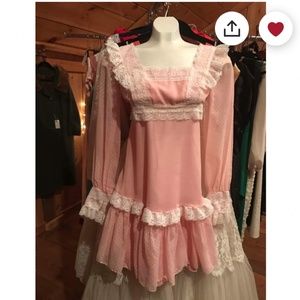 Vintage dust pink ruffle lace drop waist sheer polka dot sleeve babydoll dress